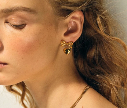 Gold Heart Bow Hoop Earrings