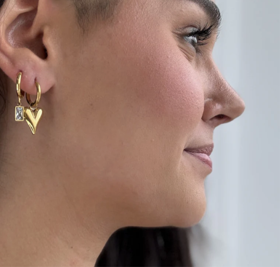 Gold Baguette Charm Drop Hoop Earrings