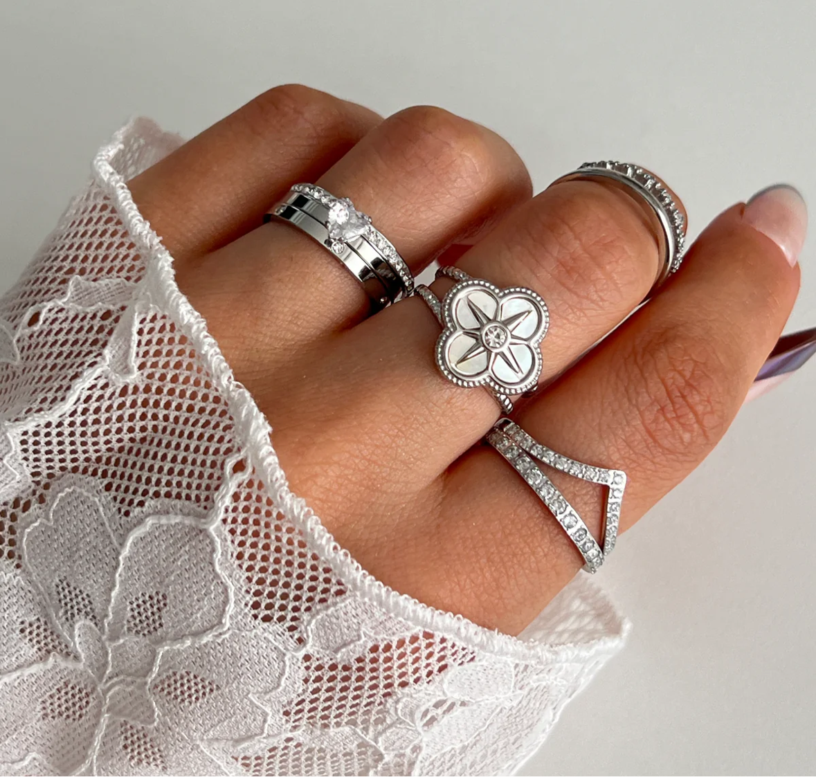 Triple Band Heart Crystal Ring Set