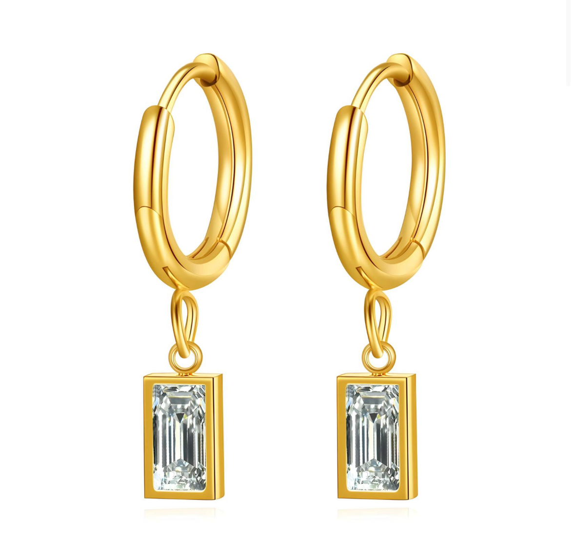 Gold Baguette Charm Drop Hoop Earrings