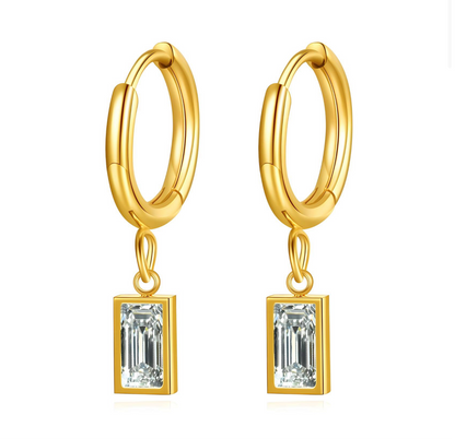 Gold Baguette Charm Drop Hoop Earrings