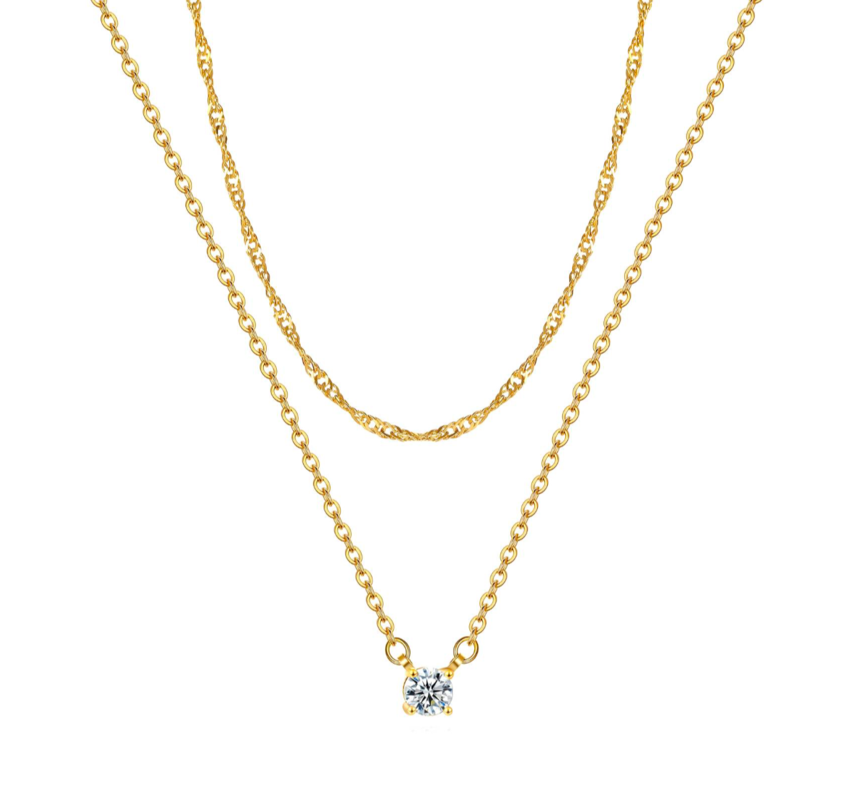 Double Layered Solitaire Round Crystal Necklace