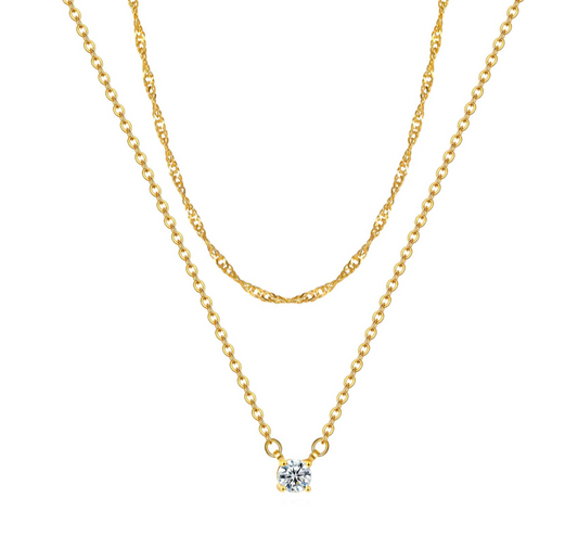 Double Layered Solitaire Round Crystal Necklace