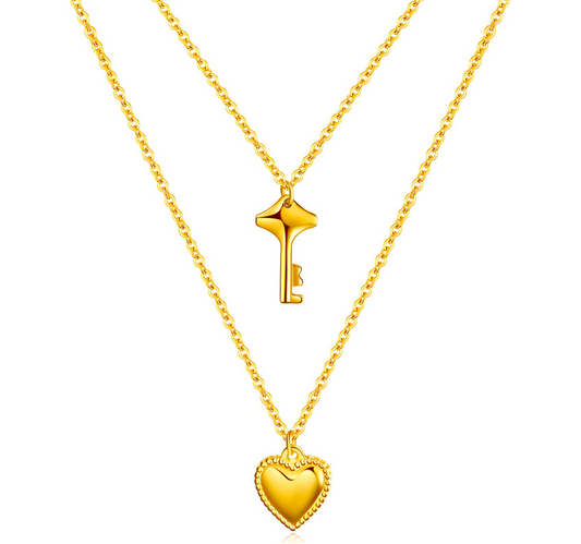 Double Layer Key & Heart Gold Necklace