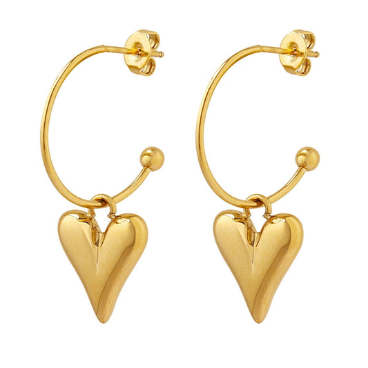 Gold Hook Round Drop Heart Stud Earrings