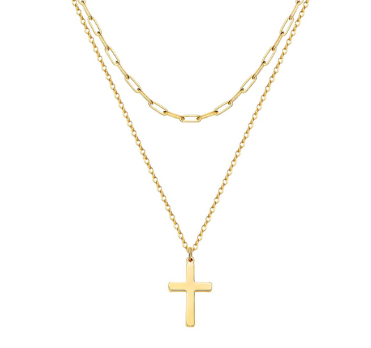 Double Chain Layered Cross Necklace