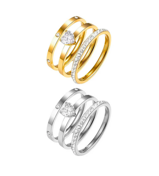 Triple Band Heart Crystal Ring Set