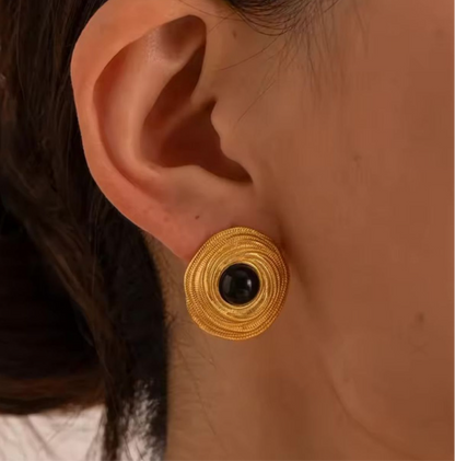 Onyx Round Gold Hoop Earrings