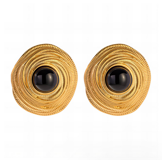 Onyx Round Gold Hoop Earrings